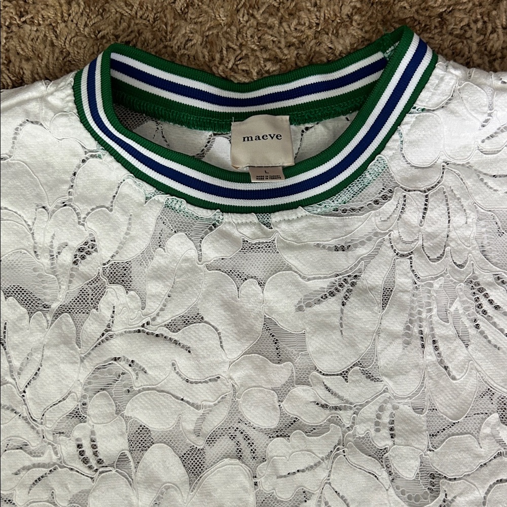 Maeve White Lace Short-Sleeve Top with Green Trim